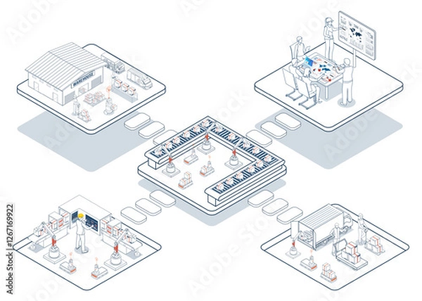 Fototapeta 3D Isometric logistics supply chain integrates fleet management, warehousing, and planning systems, utilizing AGVs and AMRs for automated warehouse operations.