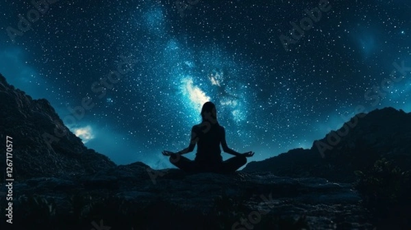 Obraz A silhouette of a person meditating on a rocky landscape under a dazzling display of stars, representing peace and introspection amid the vast universe.