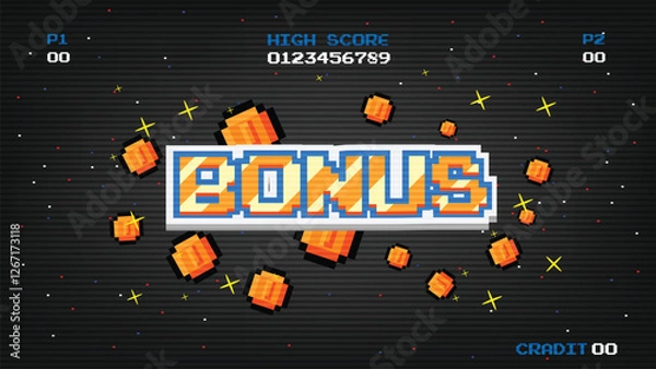 Obraz BONUS. pixel art .8 bit game. retro game. for game assets .Retro Futurism Sci-Fi Background. glowing neon grid. and stars from vintage arcade computer games