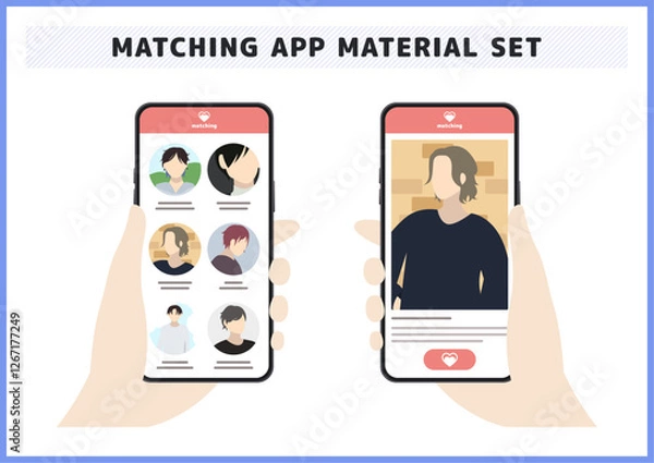 Fototapeta 男性が並ぶマッチングアプリのイラスト素材セット（一覧ページ・プロフィールページ）