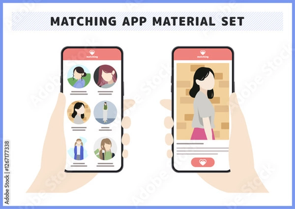 Fototapeta 女性が並ぶマッチングアプリのイラスト素材セット（一覧ページ・プロフィールページ）
