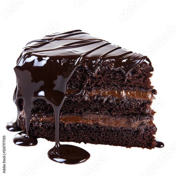Fototapeta Isolated Slice of Dark Chocolate Cake with Cream and Fudge