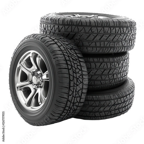 Fototapeta Isolated Stack of New Car Tires with Silver Rims
