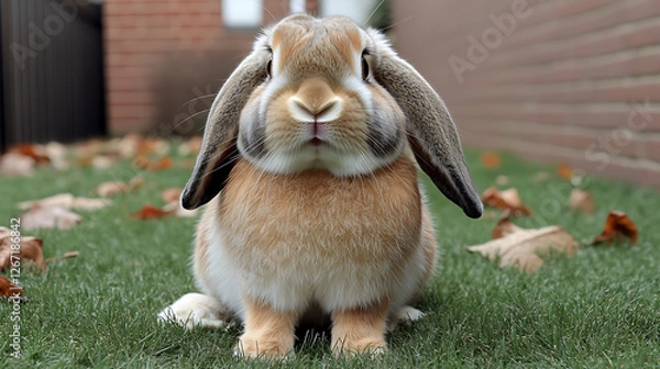 Fototapeta A charming lop-eared rabbit sits attentively on green grass amidst scattered autumn leaves, framed by a brick building.