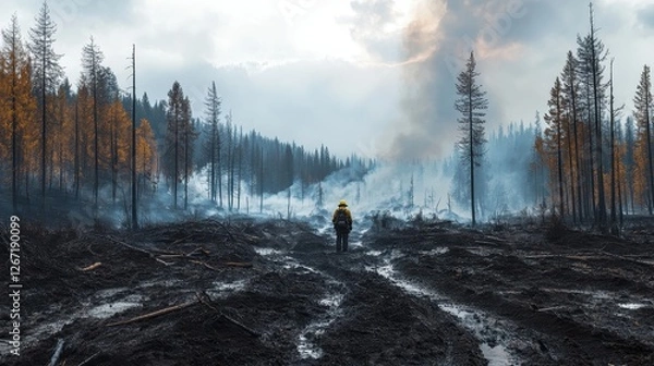 Fototapeta Panoramic View of Smoldering Forest Landscape After Wildfire with Smoke and Burnt Trees