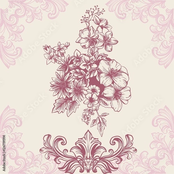 Fototapeta Modern interpretation of the Toile de Jouy style in digital illustration. Card, background, poster of botanical motifs in pastel colors. Line illustration with background.