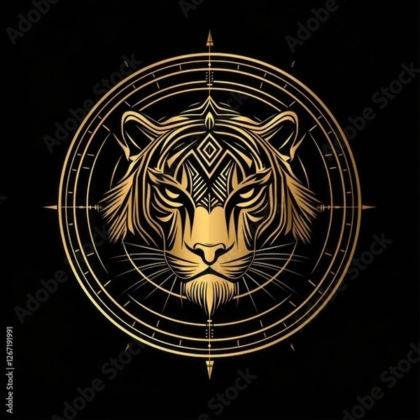 Fototapeta Golden tiger head in mystical compass design, graphic art, possible use as logo or wall decor