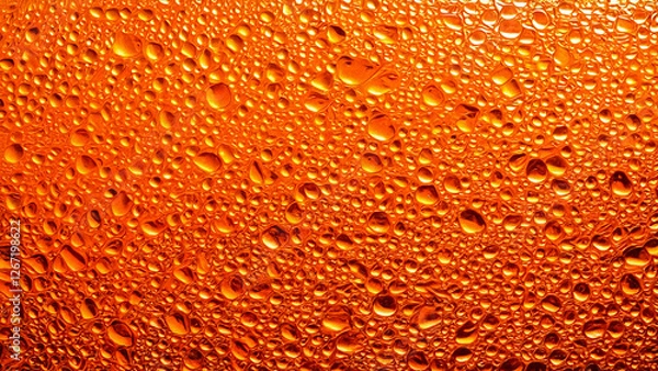 Fototapeta Close-up photography of a textured glass surface of a drink, with bubbles and foam, and condensed water