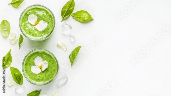Fototapeta Refreshing Green Smoothie: Two glasses of vibrant green smoothie, adorned with delicate white blossoms and fresh basil leaves, are artfully arranged against a clean, minimalist background.