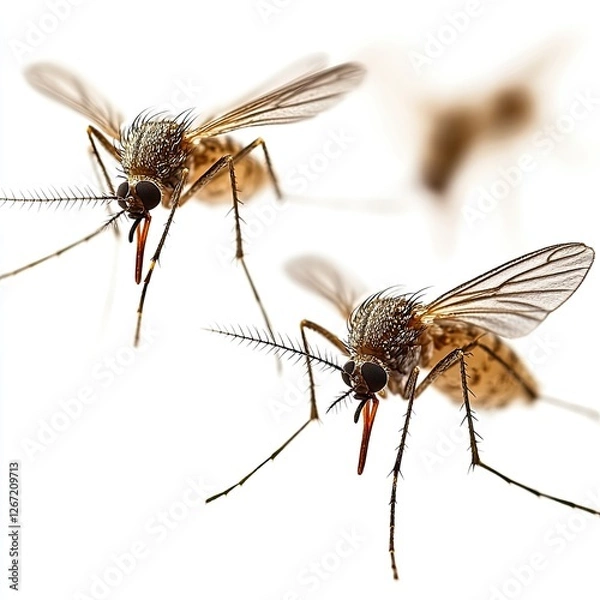 Fototapeta Mosquitoes isolated on white background. Mosquitoes are flying. Mosquito spray, mosquito net. Malaria mosquito. Dangerous insect mosquito.