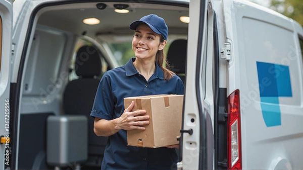 Fototapeta Professional Delivery Worker in Uniform Holding Package by Van