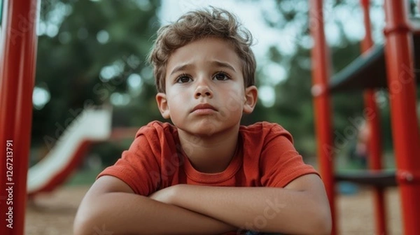 Fototapeta This image shows a thoughtful boy at a playground, reflecting deeply on life's challenges, encapsulating the genuine emotional experiences of childhood.