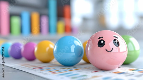 Fototapeta Happy sphere leads colorful chart; office background; business success