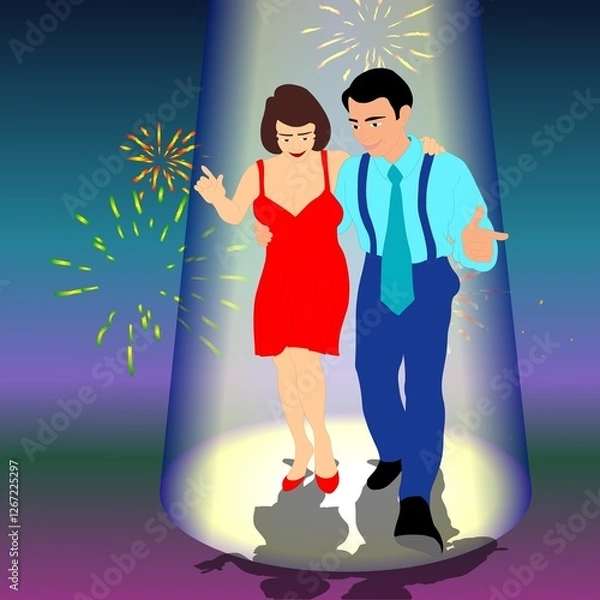 Fototapeta A couple dances joyfully under a spotlight as fireworks burst in the colorful background. The man wears a blue shirt with suspenders, and the woman dazzles in a red dress.