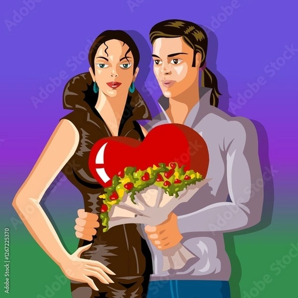 Fototapeta A stylized couple stands together, with the man holding a bouquet of flowers and a large red heart. Their expressions convey a sense of romance against a vibrant purple and green background.