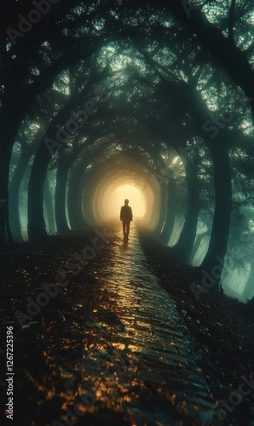 Fototapeta Walking through a mysterious misty forest pathway at dusk