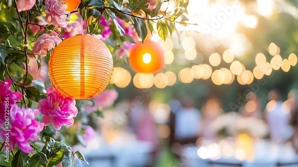 Fototapeta Glowing Lanterns and Pink Flowers Illuminate a Festive New Years Eve Outdoor Party with Blurred People Gathered at Tables in Garden at Twilight