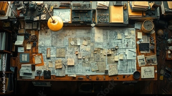 Fototapeta Desk cluttered with maps, notes, tools, for creative project planning