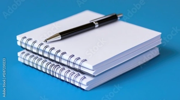 Fototapeta A stack of spiral-bound notebooks with a sleek pen resting on top against a blue background.