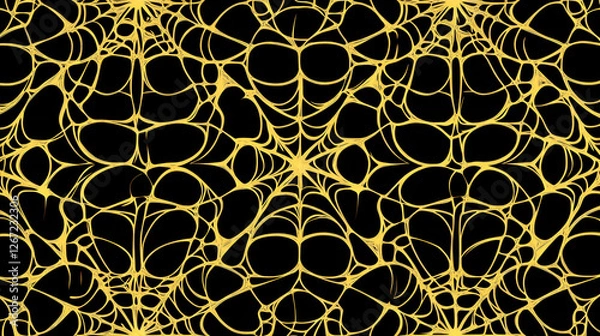 Fototapeta Intricate yellow spider web pattern on a solid black background
