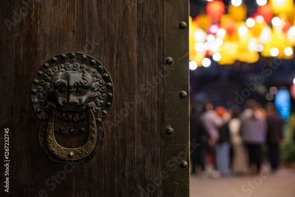 Fototapeta Traditional Chinese Door and Vibrant Festival Lights