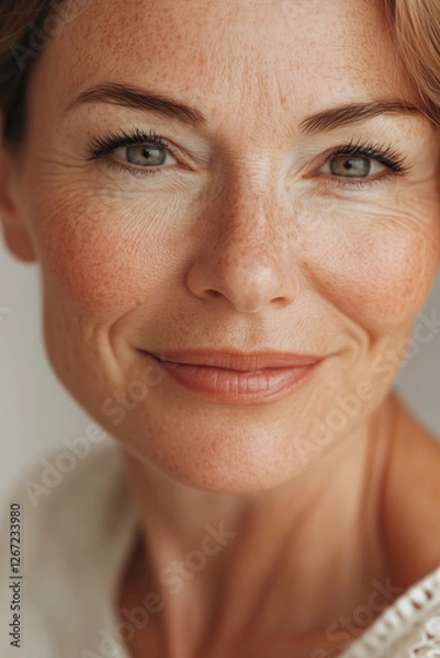 Fototapeta Close-up portrait of a mature woman with freckles, wrinkles, and a confident, warm smile.