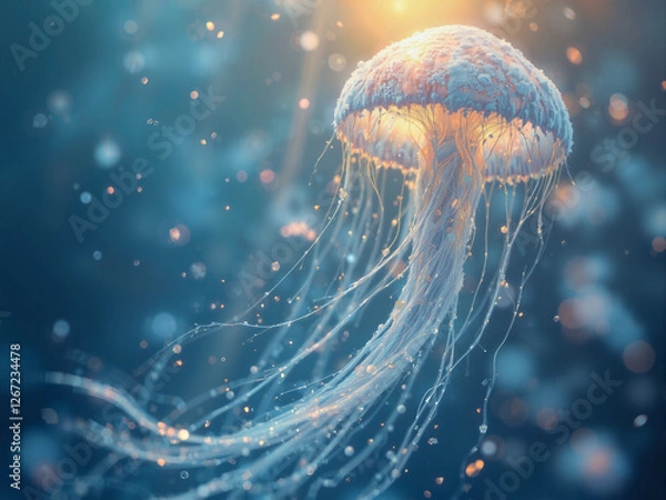 Fototapeta Majestic Jellyfish in Deep Blue Ocean with Golden Light, Textured Bell, Glowing Tentacles, Sparkling Particles, Bokeh Background