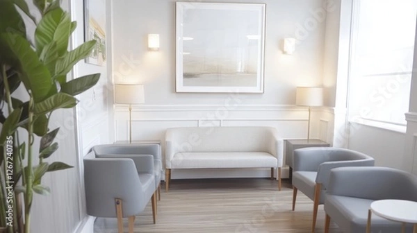 Fototapeta A bright and airy doctor's office lounge with white walls, neutral gray seating, and oak wood floors.