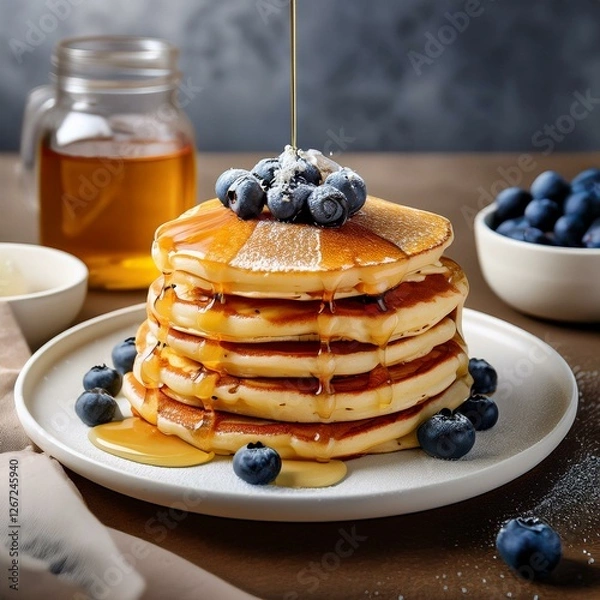 Fototapeta Fluffy Buttermilk Pancakes with Maple Syrup, Butter, and Fresh Blueberries – Golden Stack of Breakfast Pancakes with Powdered Sugar on a White Plate – Warm, Cozy, Delicious Morning Food Photography