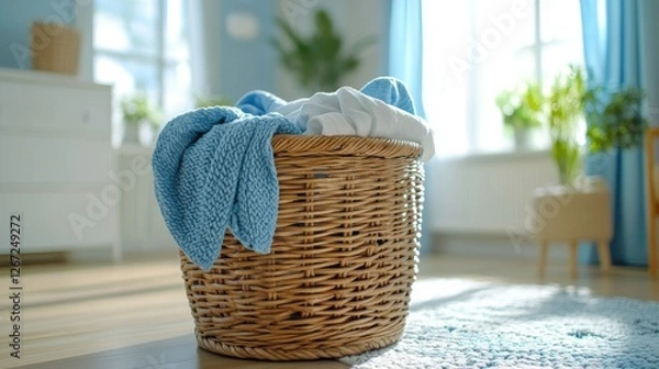 Fototapeta Cozy laundry corner with a wicker basket and soft blankets in warm sunlight