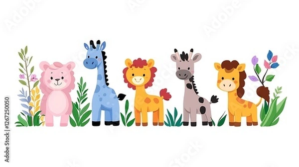 Obraz Flat Design Vector Illustration of Cute Animals Including Lion Giraffe and Bear in a Pixelated Style on White Background