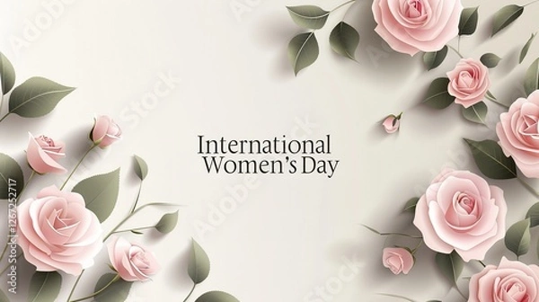 Obraz Delicate Pink Roses in Soft Pastel Tones with Gentle Shadows, Celebrating International Women’s Day. High Resolution, Intricate Petal and Leaf Details, Blurred White Wall Background.