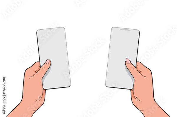 Obraz The hand holds a modern smartphone with an empty
 screen positioned at an angle on a white background.
 Vector image