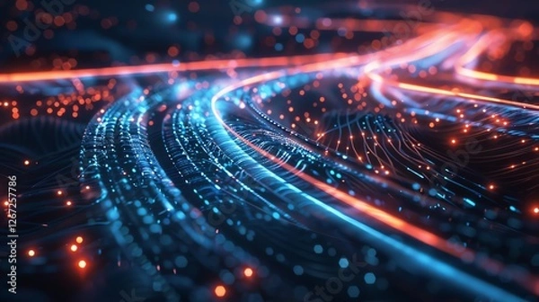 Fototapeta An abstract digital rendering of glowing, swirling lines with a dark background.