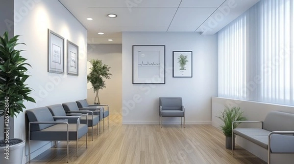 Obraz A modern doctor's office waiting room with a clean white wall, soft gray chairs, and elegant oak flooring.