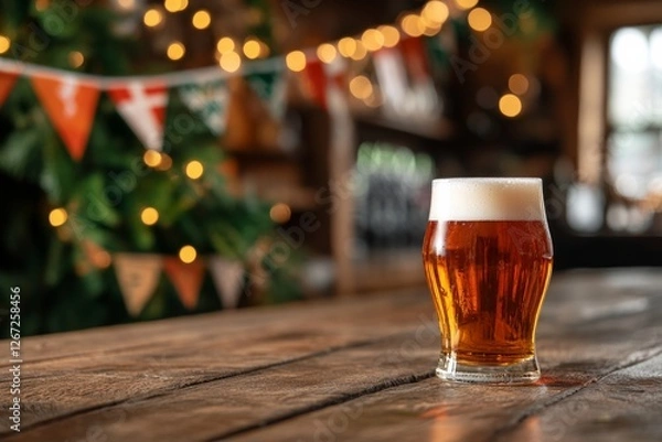 Fototapeta A glass of Welsh Ale on wooden table in an old welsh pub, garlands of national flags bihind, copy space for text. Concept St. David's Day, traditional drinks