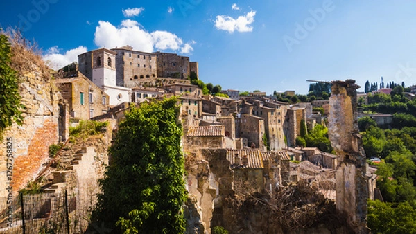 Obraz Charming view to the ancient medieval town of Sorano and its fortress with church tower and medieval terracotta houses in Tuscany, Italy evokes beautiful destination for summer italian vacation.