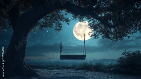 Fototapeta Swing under a starry sky illuminated by the moonlight in a tranquil outdoor setting