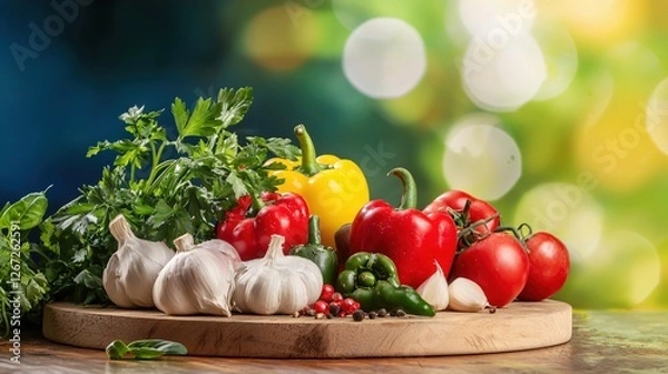 Fototapeta Fresh Harvest Still Life Displaying Colorful Peppers Garlic Tomatoes and Parsley on Wood