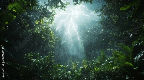 Fototapeta Dramatic lightning illuminates dense forest during a heavy rainstorm at dusk