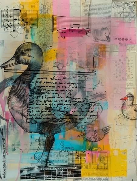 Fototapeta A vibrant collage featuring ducks, musical notes, and abstract elements, blending art and design.