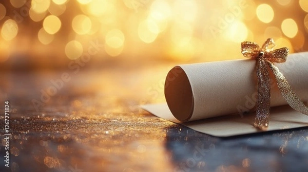 Fototapeta Elegant scroll wrapped with orange ribbon on reflective surface with golden bokeh background