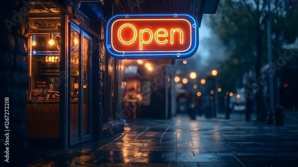 Fototapeta Rainy Night Urban Street Scene with Glowing Open Neon Sign Creating Atmospheric City Photography with Reflective Wet Pavement and Bokeh Lights