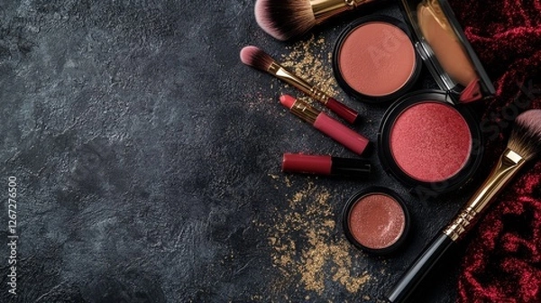 Fototapeta Collection of makeup products and brushes arranged on a dark textured surface for beauty enthusiasts
