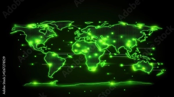 Obraz Global network connections, data flow, digital world map, glowing green lines, dark background, website banner