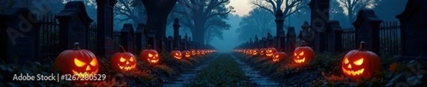 Fototapeta Graveyard at dusk with glowing pumpkins and lanterns, dimly lit path, moonless night