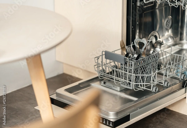 Fototapeta Open dishwasher in beige design made of furniture plywood with basket and forks in the kitchen near the table. technologies that make life easier.