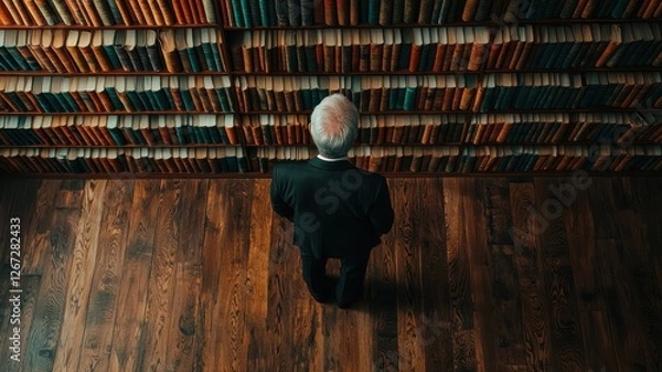 Fototapeta Mature Man in Suit Admiring Extensive Book Collection in a Library High Angle View