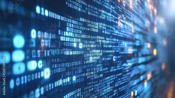 Fototapeta Digital code stream, data flow, futuristic technology, background glow, website header