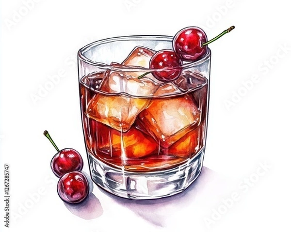 Fototapeta Watercolor Illustration of Old Fashioned Cocktail in Rocks Glass with Luxardo Cherry on White Canvas